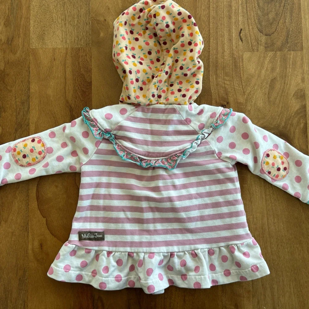 Matilda Jane Polka Dot & Striped Jacket w/ Corduroy Hood & Patches Size 6-12 Mo.